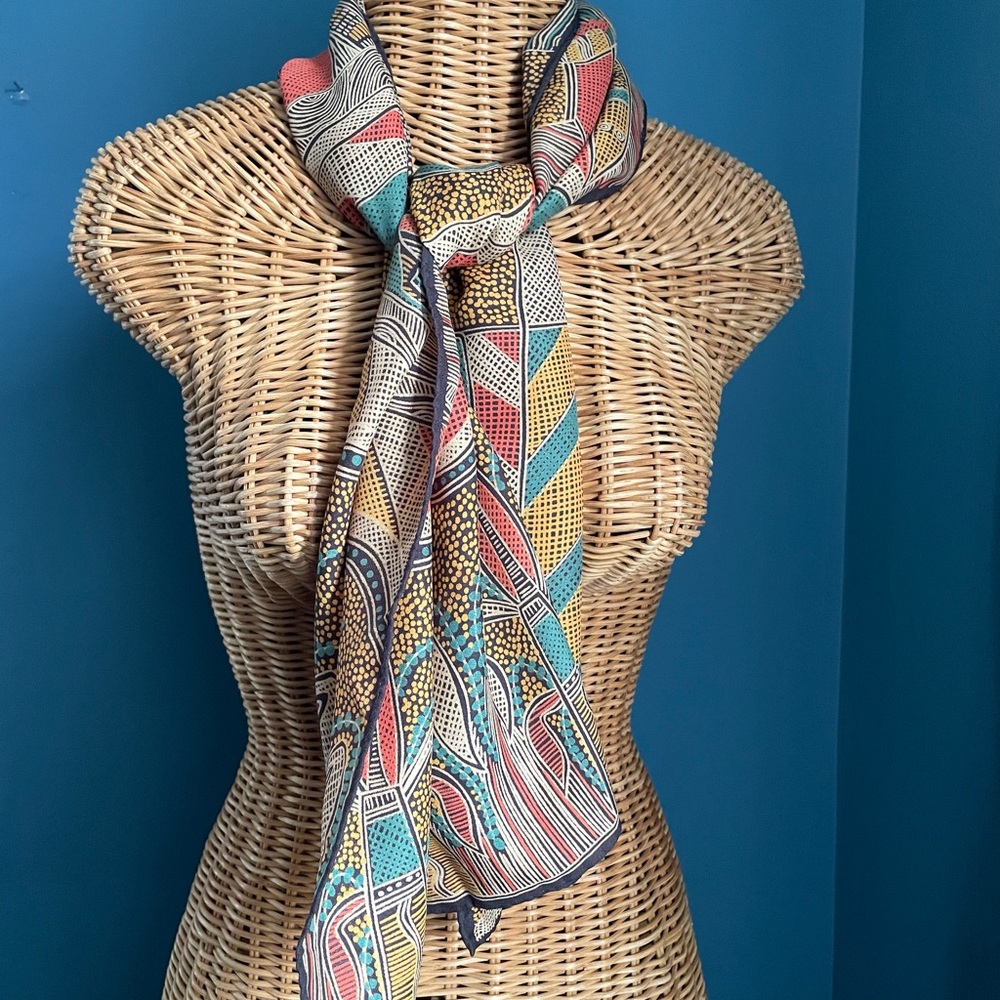 Nik Nik Vintage Rectangular Scarf Stylized Birds Gold Green Brown Orange 13x52